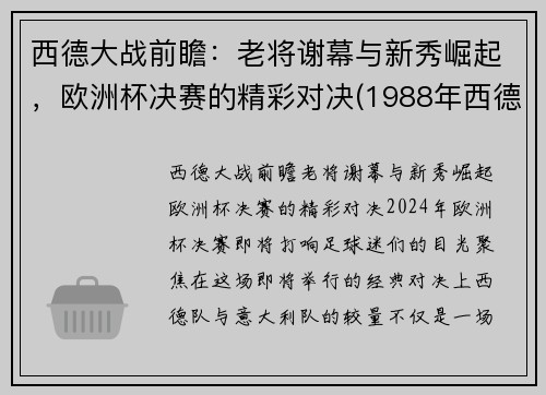 西德大战前瞻：老将谢幕与新秀崛起，欧洲杯决赛的精彩对决(1988年西德欧洲杯)