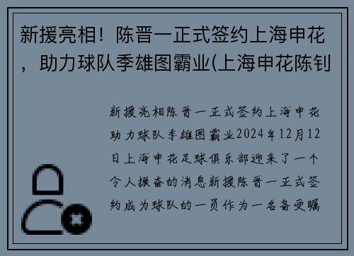 新援亮相！陈晋一正式签约上海申花，助力球队季雄图霸业(上海申花陈钊)