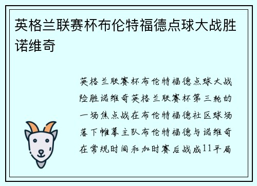 英格兰联赛杯布伦特福德点球大战胜诺维奇